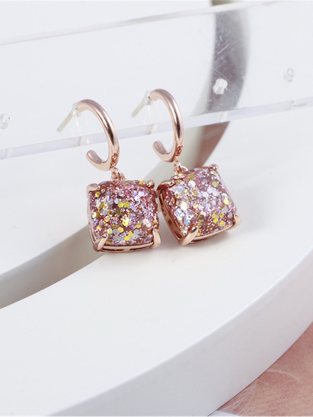 Kate Spade Rose Gold Rhinestone Square C Shape Earrings Fashion Jewelry